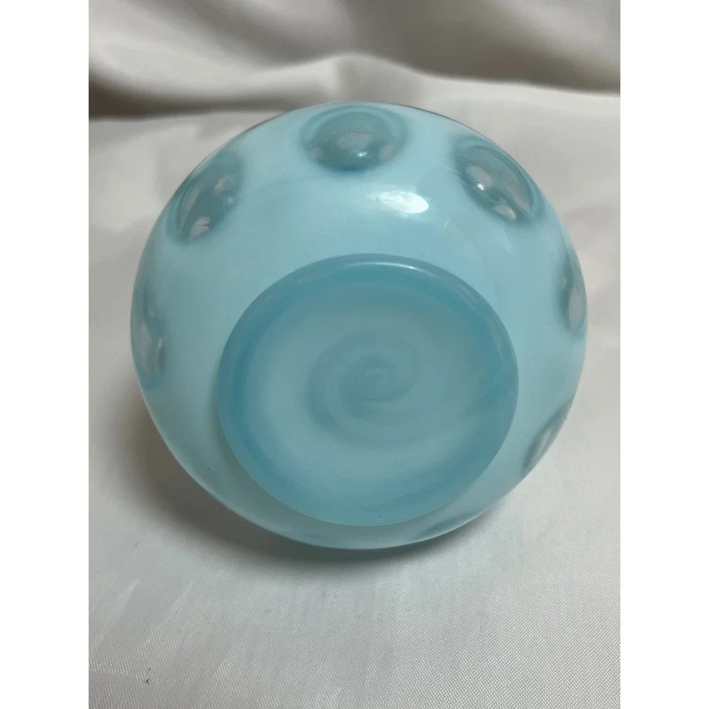 Vintage Blue Opalescent Glass Thumbprint Ruffled Rim Bud Vase Coin Dot 4.5 inch